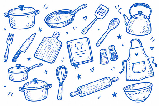 Hand drawn doodle set of kitchen and cooking elements, sketchy blue line art icons collection isolated on white background