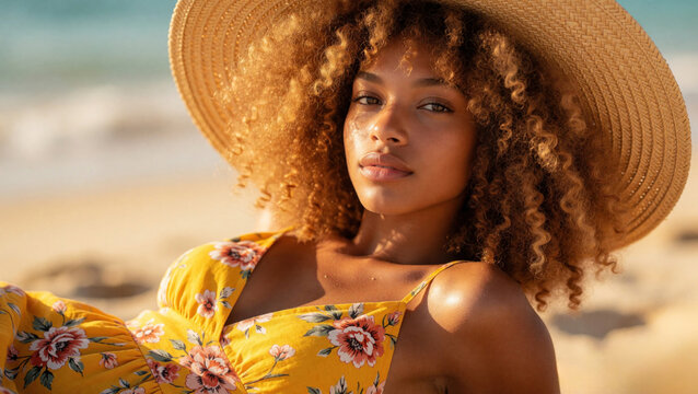 Beautiful afro girl wears large straw hat on sunny beach. Young black woman in yellow floral dress relaxes on sand. Happy model enjoys summer vacation by sea. Pretty lady poses for portrait during