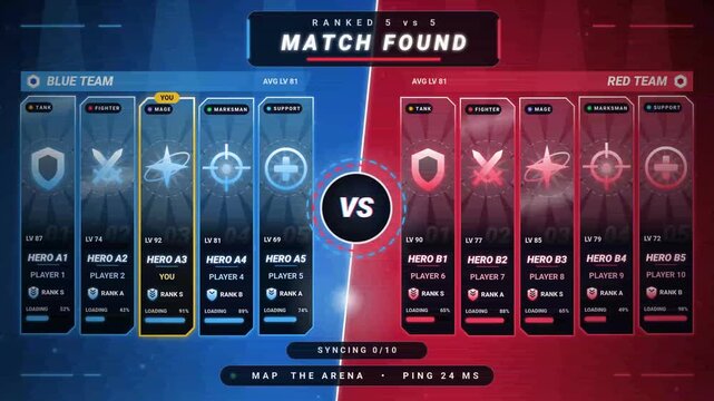 MOBA 5v5 Team Match Loading Screen with Character Selection and Battle Start Animation