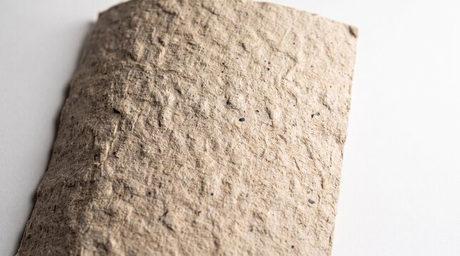 Close up macro view of rough beige recycled paper pulp texture with a fibrous organic surface reminiscent of dried cracked mud soil