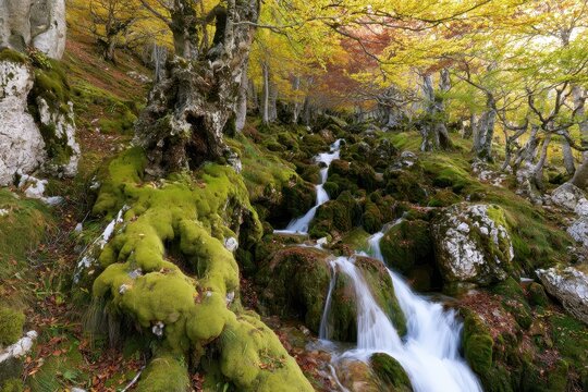 Mossy forest stream in autumn