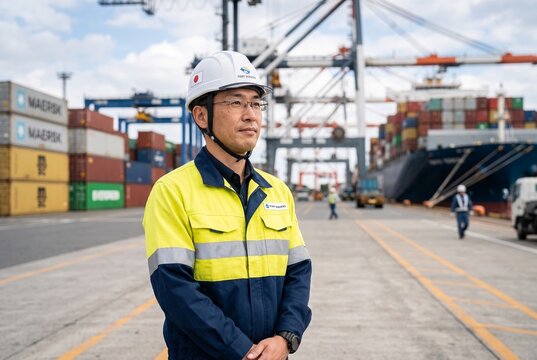 大型クレーンとコンテナ船を背景に立つ、ヘルメットと反射ベストの作業員、物流と貿易のイメージ