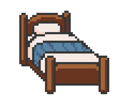 Cozy Blue Bed in Retro 8-bit Pixel Art Style