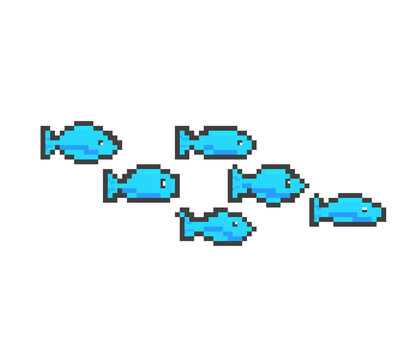 Pixel Art Illustration of a School of Blue Fish Swimming