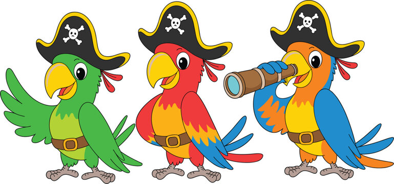 Cute cartoon pirate parrot character vector set, colorful macaw bird flat mascot illustrations