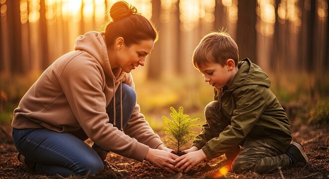 Mother and little boy planting a small tree sapling together in the forest during warm golden sunset light
