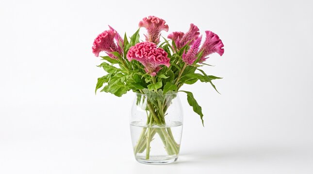Beautiful Fresh Blooming Pink Cockscomb Celosia Cristata Bouquet in Glass Vase Isolated on White