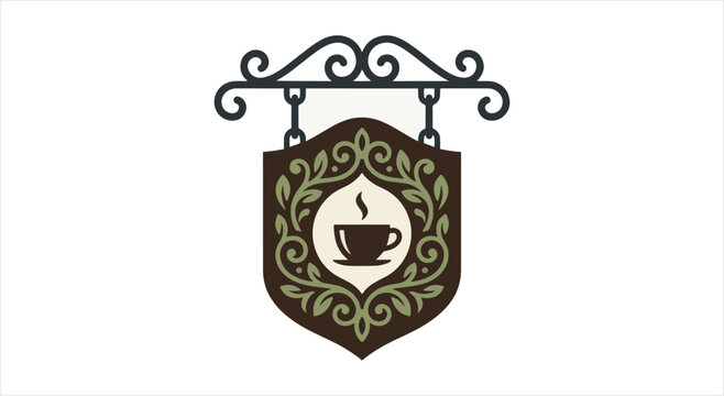 Vintage Coffee Shop Sign with Ornate Design.
