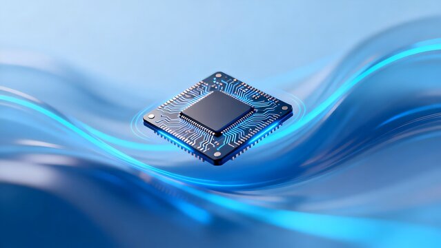 Digital microprocessor chip on blue abstract waves