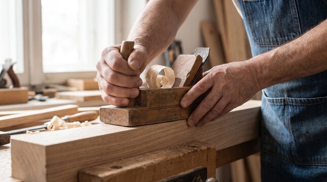 Craftsperson planing hardwood board