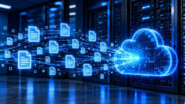 Glowing blue neon cloud computing icon transferring a stream of digital documents to server racks in a modern data center.