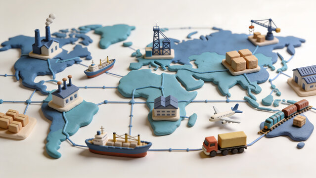Global logistics network connecting factories, ports, warehouses, and transport across a world map, illustrating international shipping, freight, and supply chain management today.