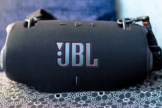 ZAPOPAN, MEXICO - OCTOBER 16, 2026: JBL Xtreme 4 portable bluetooth speaker showing logo and buttons.