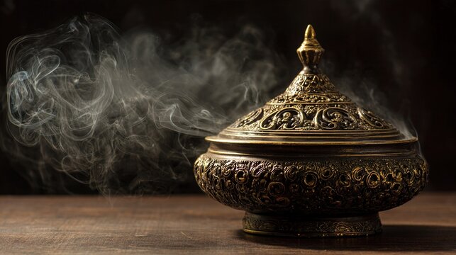 burner. Ancient bronze incense burner emitting smoke trails. event programs, museum guides, cultural reports, designed for cultural heritage projects and event programs, used by PR specialists.