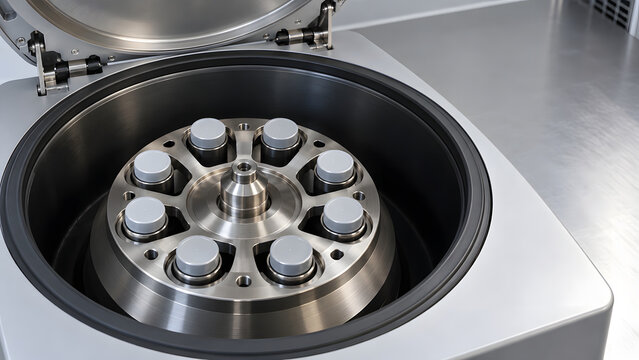 High speed centrifuge with rotor containing multiple sample tubes, designed for laboratory use. This equipment is essential for separating