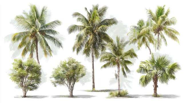 Realistic coconut palm tree collection isolated on transparent background, tropical beach trees with detailed green fronds and natural trunks for island landscapes, summer designs, botanical illustrat