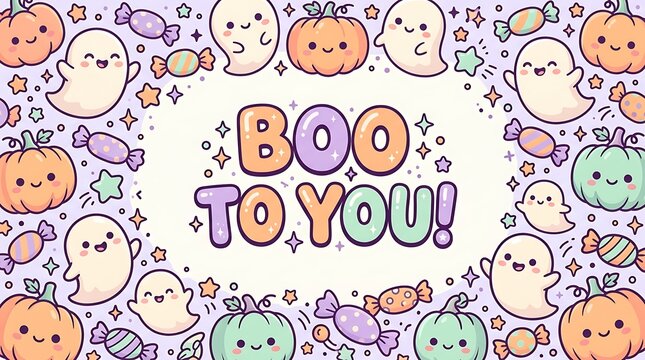 Halloween celebration featuring cute ghosts smiling pumpkins and