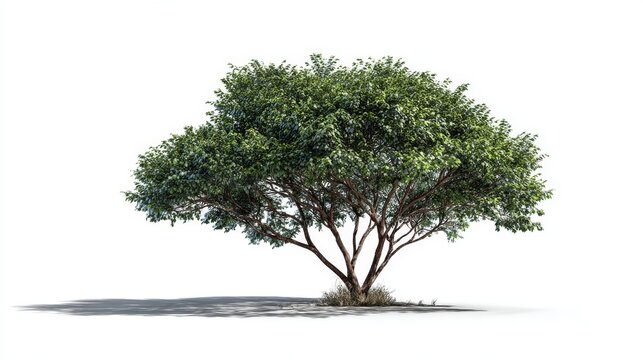 Realistic green tree isolated on white background with natural shadow, detailed botanical tree illustration for nature, forest, garden, landscape design, environmental projects, and eco friendly creat
