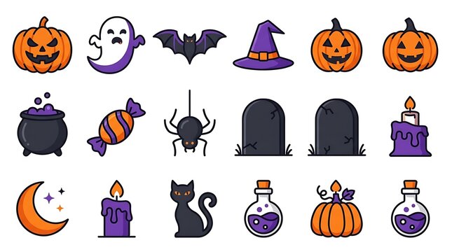 Halloween icon set featuring orange pumpkins ghost bat witch hat cauldron candy spider tombstone candle moon black cat and potion bottles on a clean white background