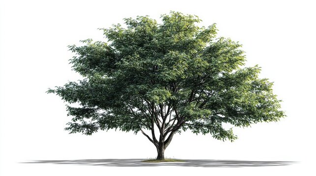 Realistic green tree isolated on white background with natural shadow, detailed botanical tree illustration for nature, forest, garden, landscape design, environmental projects, and eco friendly creat