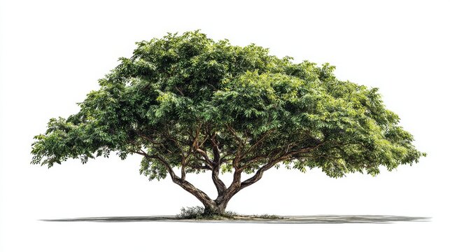 Realistic green tree isolated on white background with natural shadow, detailed botanical tree illustration for nature, forest, garden, landscape design, environmental projects, and eco friendly creat