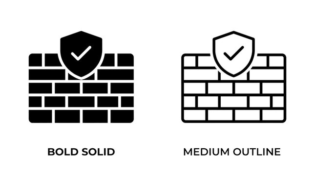 Security shield with brick wall icon set, bold solid and medium outline style, isolated on transparent background