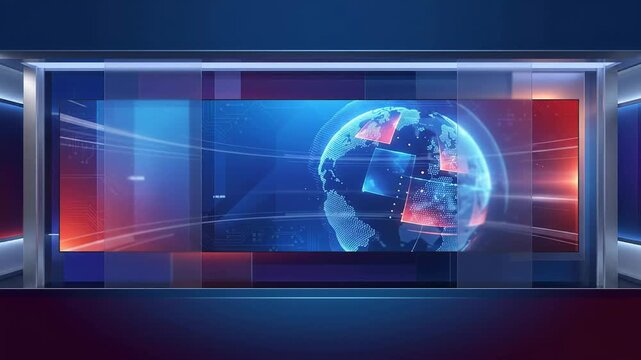 Broadcast news background with glowing global globe, blue red digital panels, network lines and modern television studio. Global media technology and world communication concept