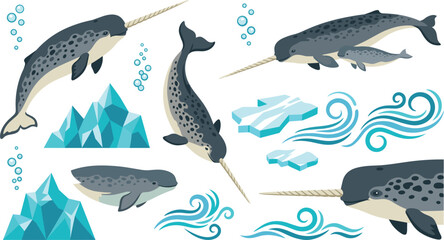  Cute Narwhal Vector Illustration Set Featuring Majestic Whales with Calves, Icebergs, Ocean Waves, and Water Bubbles for Nautical Marine Life Designs © yearbanu