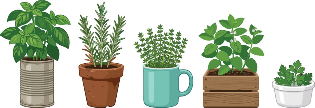 Fresh culinary herbs vector illustration set featuring potted basil rosemary thyme mint and parsley growing in recycled containers isolated on white
