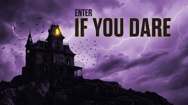 Enter if you dare text with haunted house silhouette under purple stormy sky featuring bats and lightning for spooky halloween greeting card or dark party invitation