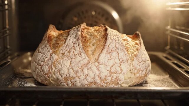 Sourdough bread loaf baking and rising inside a hot oven