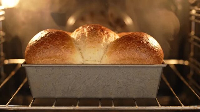 Fresh bread rolls rising and baking inside a warm oven