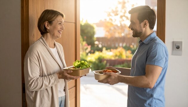 Two Friendly Male Neighbors Sharing Food and Potted Herbs at Home Doorway