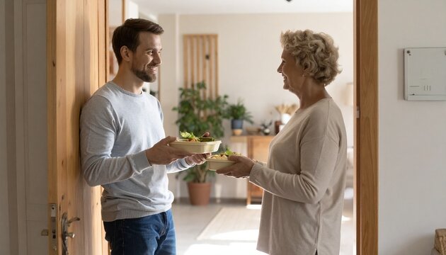 Two Friendly Male Neighbors Sharing Food and Potted Herbs at Home Doorway