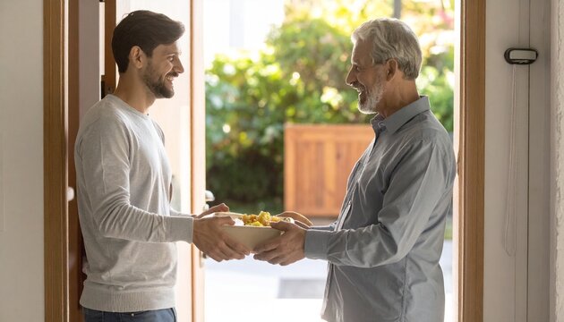Two Friendly Male Neighbors Sharing Food and Potted Herbs at Home Doorway