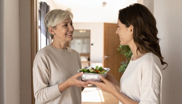 Two Friendly Male Neighbors Sharing Food and Potted Herbs at Home Doorway