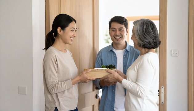 Two Friendly Male Neighbors Sharing Food and Potted Herbs at Home Doorway