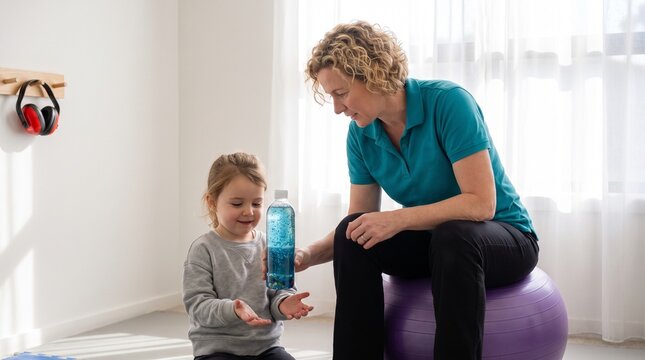 Pediatric occupational therapy session, female therapist showing sensory glitter bottle to a young girl, indoor clinic setting, healthcare and therapy