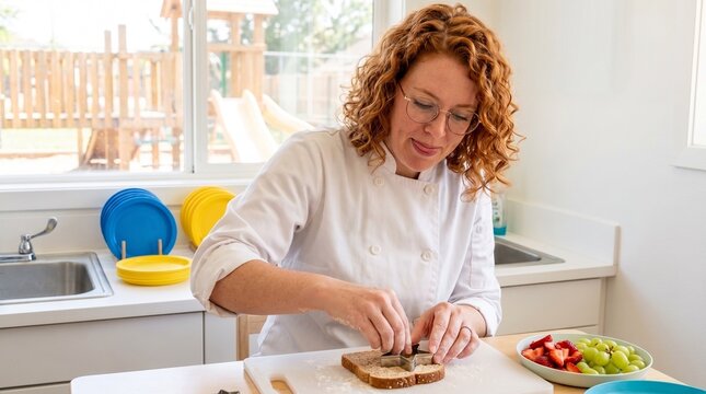 Female chef with red curly hair wearing white chef coat using star cookie cutter on whole wheat bread slice in bright commercial kitchen with colorful plates and fruit bowl on counter