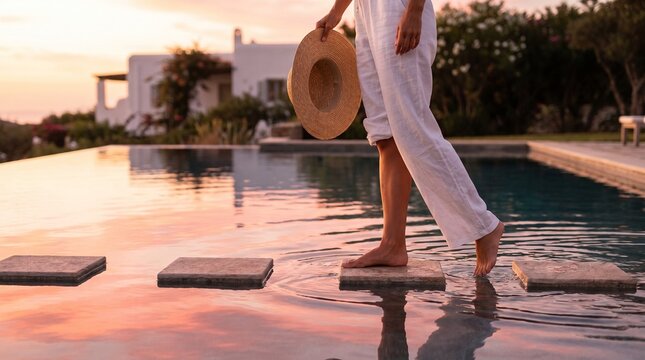 Woman walking on stepping stones in a swimming pool at sunset, wearing white linen pants and holding a straw hat, near a luxury villa