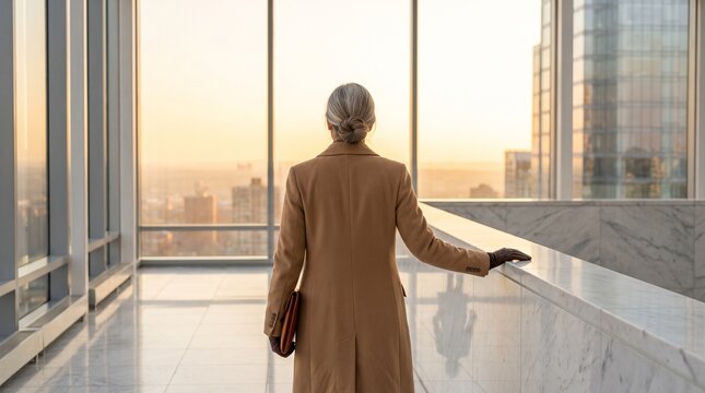 Senior businesswoman in elegant coat with clutch bag standing in luxury office skyscraper looking out panoramic window at city skyline during sunset