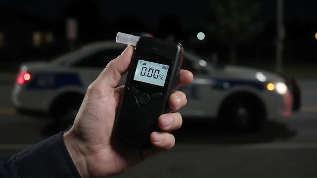 Hand holding a digital breathalyzer with zero reading at night