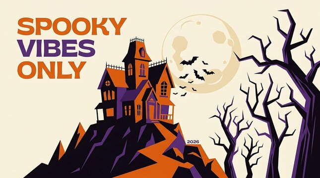 Spooky vibes only text with haunted house illustration featuring full moon bats and bare trees for halloween celebration on a flat graphic style background design
