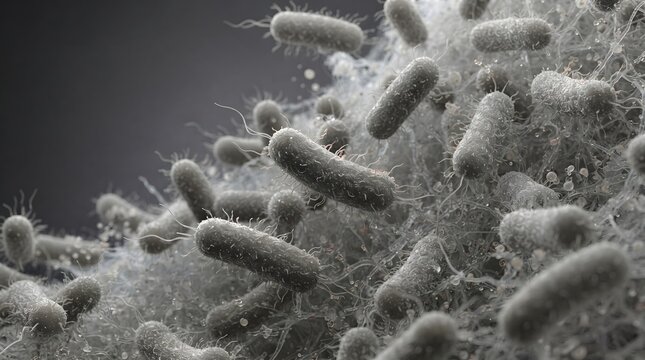Microscopic view of rod shaped bacteria colony on textured surface
