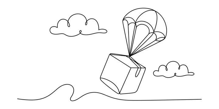 Continuous one line drawing of a cardboard box package falling from the sky with a parachute among simple clouds