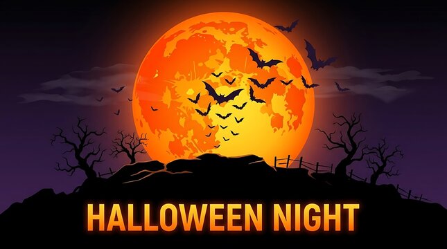 Halloween night background with a large glowing orange full moon silhouettes of flying bats and bare trees on a dark purple sky for spooky holiday greeting cards