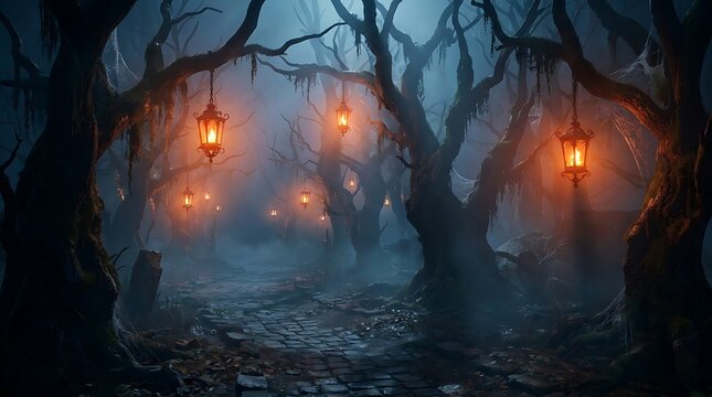 Halloween glowing lanterns hanging in a dark misty forest with bare twisted trees and mysterious fog creating a spooky atmosphere for seasonal holiday background and decor