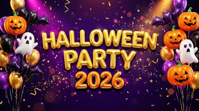 Halloween party 2026 gold foil balloons with orange pumpkins and white ghost decorations on a dark purple background with confetti for a festive holiday celebration