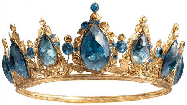 Golden crown with blue gemstones isolated on white background, royal luxury tiara illustration with ornate gold details, elegant king and queen crown png clipart for fantasy design, wedding invitation