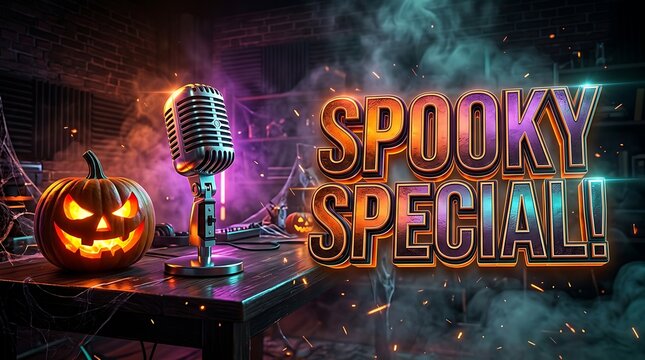 Spooky Special text with glowing jack o lantern and vintage microphone on dark table in smoky room with purple and teal lighting for Halloween podcast event